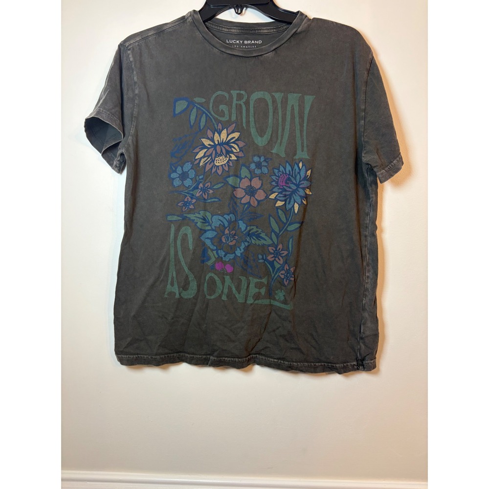 Lucky Brand Graphic Tee Women S Grow As One Floral Charcoal Grey Short Sleeve